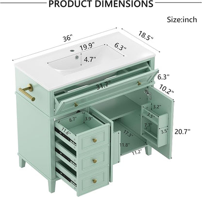 Bellemave 36" Bathroom Vanity with Sink, Bathroom vanities, Green Bathroom Vanity with Drawers, Sink Cabinet, Sage Green, 36Inch