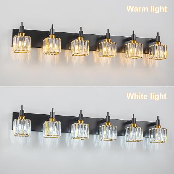 6-Lights Crystal Bathroom Vanity Light Black Gold Modern Bathroom Lighting Fixtures Over Mirror, Wall Light Fixtures