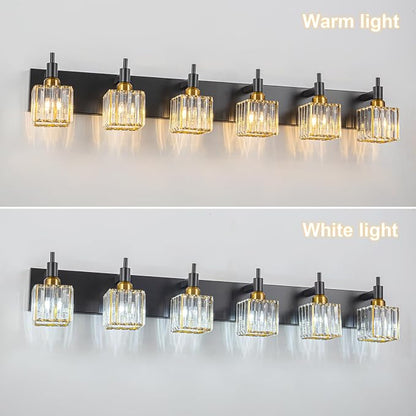 6-Lights Crystal Bathroom Vanity Light Black Gold Modern Bathroom Lighting Fixtures Over Mirror, Wall Light Fixtures