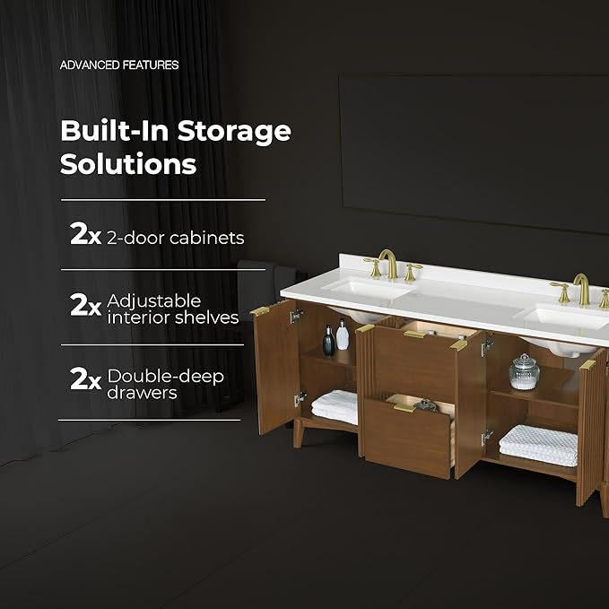 OVE Decors Indy 72 in. Undermount Double Sink Bathroom Vanity with White Engineered Marble Top, Warm Walnut