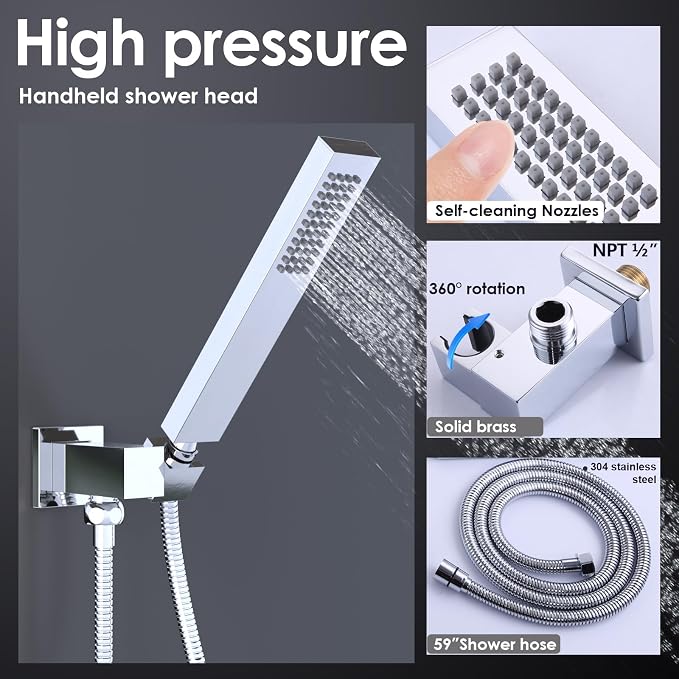 ENGA Shower System with Body Jets, 2 In 1 Functions Ceiling Mount 14x20inch LED Shower Head with 4 Body Jets, Rainfall Waterfall Shower Faucet Set, Chrome