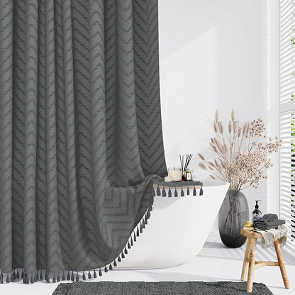 Extra Long Boho Shower Curtain Tufted Chevron 72x96 Charcoal Grey | 96 Inch Tall, Elegant Tassel, Lightweight Textured Fabric, Water Repellent, Washable, Hotel Spa, for Bathroom/Dorm 12 Hooks