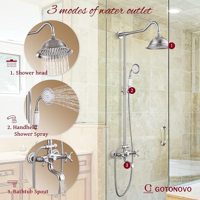 gotonovo Vintage Exposed Shower Faucet Set with Tub Spout,Brushed Nickel | Bathtub 8” Shower Head with Handheld System Fixtures Combo Kit,360°Rotation,Fast Filler,Extra Extension Tube,for 5-6.7" Hole