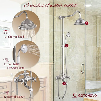 gotonovo Vintage Exposed Shower Faucet Set with Tub Spout,Brushed Nickel | Bathtub 8” Shower Head with Handheld System Fixtures Combo Kit,360°Rotation,Fast Filler,Extra Extension Tube,for 5-6.7" Hole