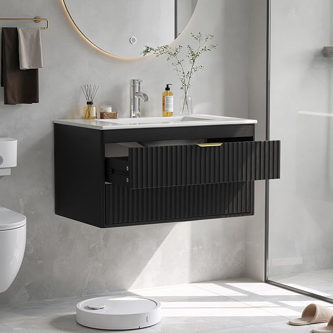 30 Inch Floating Bathroom Vanity with Sink, Bathroom Wall Cabinet with 2 Fluted Drawers & Metal Handle, Wall Mounted Cabinet for Bathrooms (Black, 30 inch, with Sink)