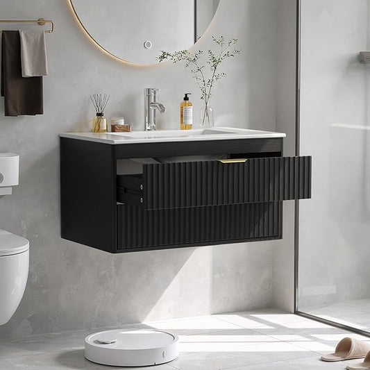 30 Inch Floating Bathroom Vanity Without Sink, Bathroom Wall Cabinet with 2 Fluted Drawers & Metal Handle, Wall Mounted Cabinet for Bathrooms (Black, 30 inch, Without Sink)