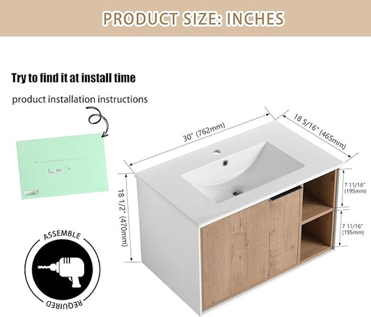 30 Inch Bathroom Vanity with Sink, 30" Floating Vanity, Plywood Wooden Bathroom Cabinet with Soft Close Door and Ceramic Sink, Open Shelf for Quick Access, Modern Wall Mounted Cabinet Set