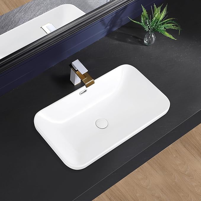Vessel Sink 27"x16" Semi Recessed Bathroom Sink Drop-in White Bathroom Sink Porcelain Ceramic Modern Rectangular Sinks Drop-in Vanity Sinks with Overflow for Bathrooms