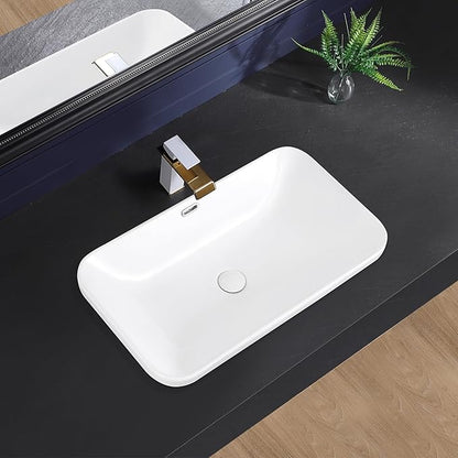 Vessel Sink 27"x16" Semi Recessed Bathroom Sink Drop-in White Bathroom Sink Porcelain Ceramic Modern Rectangular Sinks Drop-in Vanity Sinks with Overflow for Bathrooms