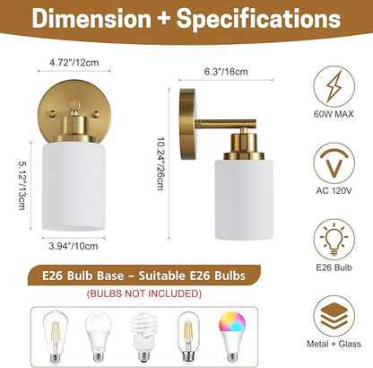 2-Pack, 1-Light Vanity Lights, Brushed Gold Bathroom Light Fixture with Textured Milky White Glass Shade, E26 Modern Vanity Lighting Fixture for Bathroom Wall Sconce