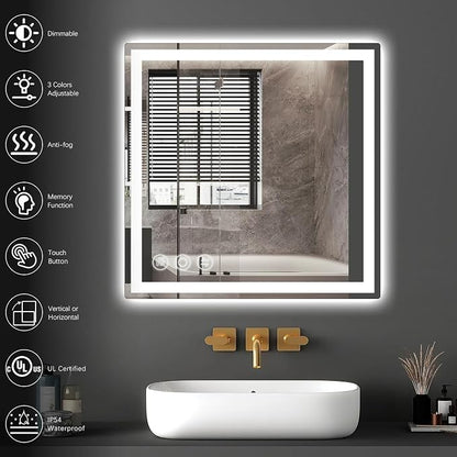 24" x 24" LED Bathroom Mirror with Lights, Memory Vanity Mirror | Anti-Fog, 3 Color Modes, Dimmable, Front Lit, Memory Function, Tempered Glass, Lighted Bathroom Mirror for Wall