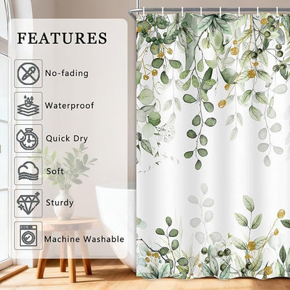 Long Eucalyptus Shower Curtain 72X78 Inch, Sage Green Watercolor Plants Leaves Floral Tall Bathroom Curtains, Botanical Foliage Waterproof Fabric Cloth Shower Curtain Set with Hooks
