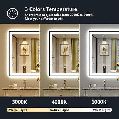 48x36 LED Bathroom Mirror with Lights, Black Framed Lighted Mirror | Backlit and Front Light, Anti-Fog, 3 Color Dimmable, Memory, Tempered Glass, IP54 Waterproof, UL Listed