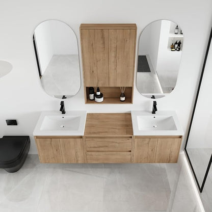 72'' Floating Bathroom Vanity with Double Sink, and 1 Side Cabinet, Brown | Double Sink Combo with 24" Side Cabinet, Plywood Cabinet, Resin Basin, Ample Storage, Soft-close Hinge, Assembly Required