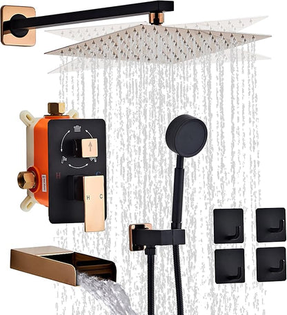 Black Gold Shower Tub Faucet Set, Wall Mounted 12 Inch Shower Heads with Handheld Spray Combo and Tub Shower Faucet, Luxury Bathroom Square Rain Shower System - 4 Hooks