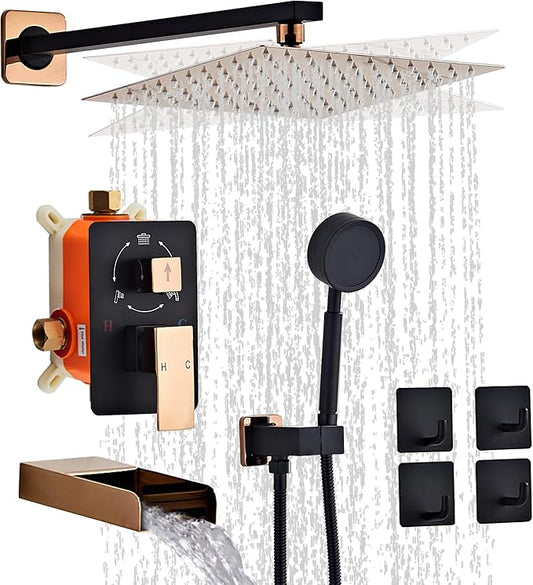 Black Gold Shower Tub Faucet Set, Wall Mounted 12 Inch Shower Heads with Handheld Spray Combo and Tub Shower Faucet, Luxury Bathroom Square Rain Shower System - 4 Hooks