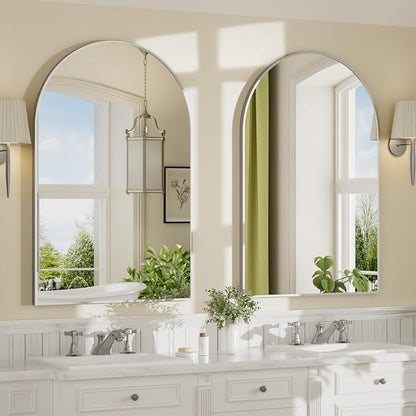 22"x30" Brushed Nickel Arched Vanity Bathroom Mirror, Set of 2 | Aluminum Alloy Frame, Clear Reflection, Rust-Resistant, Vertical or Horizontal, Wall Mount, Bedroom and Entryway