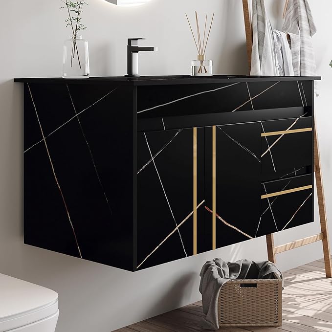 Pvillez 36 inch Bathroom Vanity with Ceramic Sink and Sinter Stone Marble Counter Top Modern Black Wall Mounted Floating Bathroom Sink Cabinet with 2 Drawers, 1 Cupboard and Gold Metal