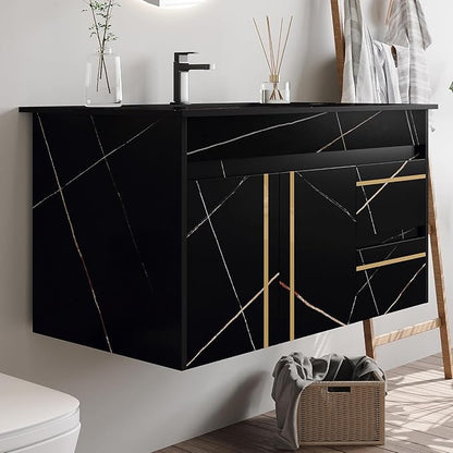 36“ Bathroom Vanity with Sink Set, Modern Black Wall Mounted Bathroom Vanity Cabinet with Faux Marble Countertop,Gold Handle 2 Drawers & 1 Cabinet, Single Sink Floating Bathroom Vanity