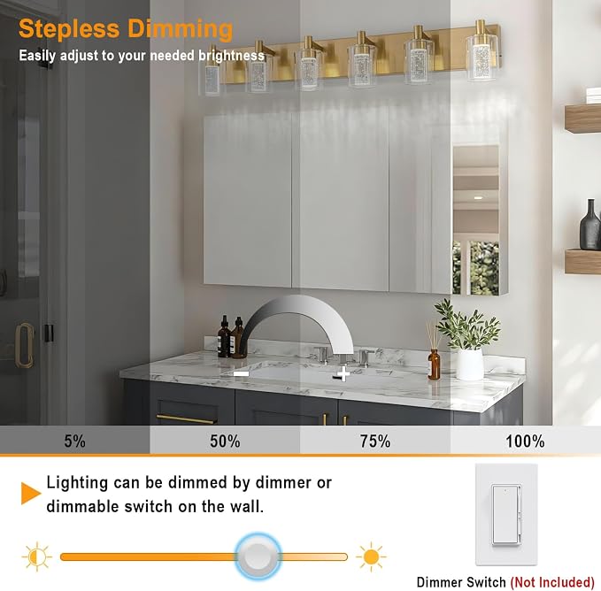 SineRise Vanity Light with 3 Color Modes (3000K/4000K/6000K), Eye Protection LED Bathroom Light Fixture, Dimmable Modern Wall Light Over Mirror with Clear Glass Shade (Gold, 6-Light)