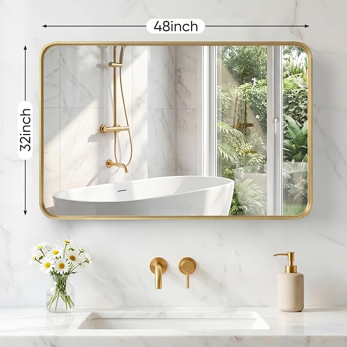 Sweetcrispy Bathroom Mirror 48x32 Inch, Vanity Mirror for Wall | Metal Framed Rounded Rectangle, Over Sink, Farmhouse Restroom, Anti-Rust, Horizontal or Vertical Hanging, Gold