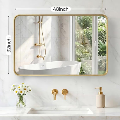 Sweetcrispy Bathroom Mirror 48x32 Inch, Vanity Mirror for Wall | Metal Framed Rounded Rectangle, Over Sink, Farmhouse Restroom, Anti-Rust, Horizontal or Vertical Hanging, Gold