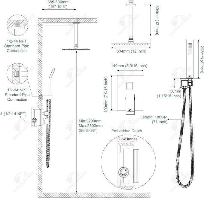 SunCleanse Rainfall Shower System with High Pressure in Oil Rubbed Bronze | Ceiling mounted shower combo set featuring a 12" square rain head, handheld spray, and rough-in mixer valve with trim.