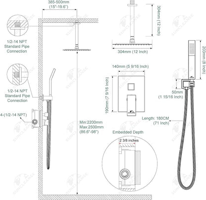 SunCleanse Rainfall Shower System with High Pressure in Oil Rubbed Bronze | Ceiling mounted shower combo set featuring a 12" square rain head, handheld spray, and rough-in mixer valve with trim.