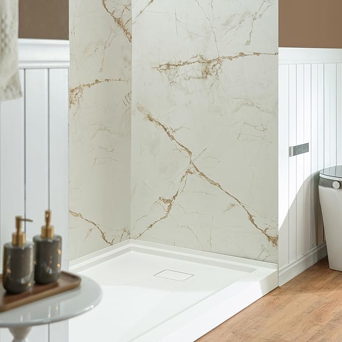 Woodbridge 48" W x 96" H 3-Piece Solid Surface Tile Tub and Shower Wall Panel Surround Kit in Beige Marble with Soft Brown Veining (High Gloss Finish), Quick Install and Trimmable, 3/16" (5mm) Thick