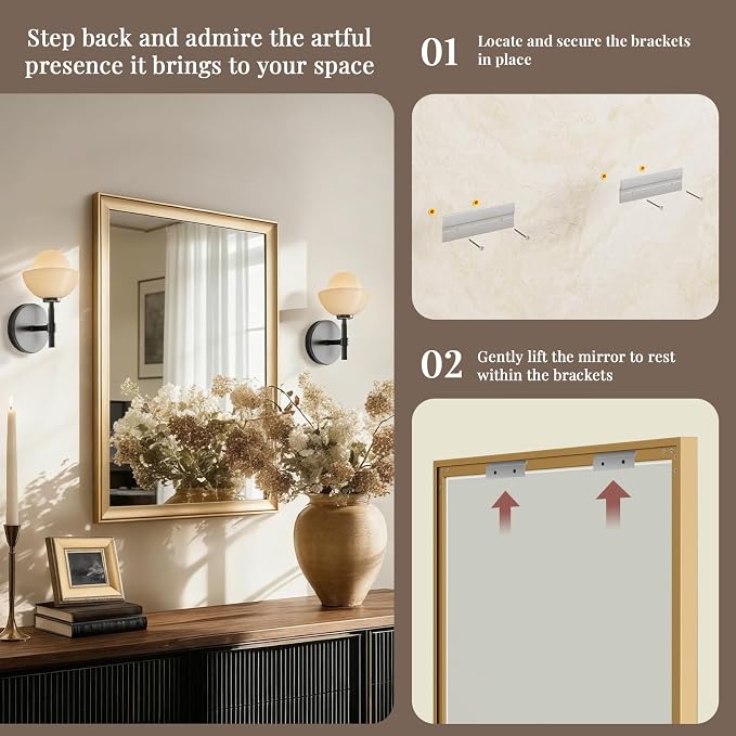 Brushed Gold Bathroom Mirrors for Over Sink 22x30 Inch | Inner Arc Aluminum Frame Rectangle Vanity Mirror for Bedroom Entryway, HD Tempered Glass, Anti-Rust, Horizontal or Vertical