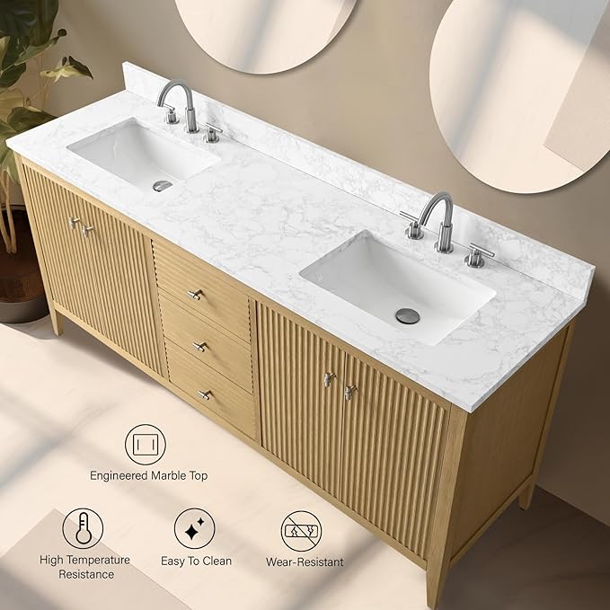 Vanity Art 60 inch Oak Bathroom Vanity with Single Sink & Ceramic Top, Vanity Cabinet with Soft-Closing Door, Solid Wood Frame, Linear Pattern, Natural Oak, VA9160-SNO-MB,Matte Black Handles
