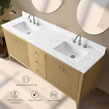 Vanity Art 60 inch Oak Bathroom Vanity with Single Sink & Ceramic Top, Vanity Cabinet with Soft-Closing Door, Solid Wood Frame, Linear Pattern, Natural Oak, VA9160-SNO-MB,Matte Black Handles