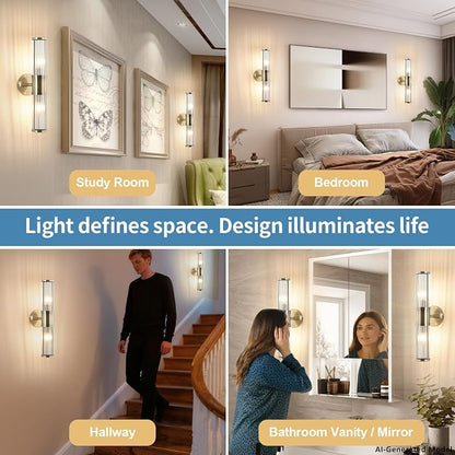 Modern Vanity Light Fixture, Brushed Bronze Wall Sconce with Glass Rod Shades, 2-Light Bathroom Mirror Lighting for Bronze Bathroom Light Fixture & Makeup Application (Bulbs Not Included)