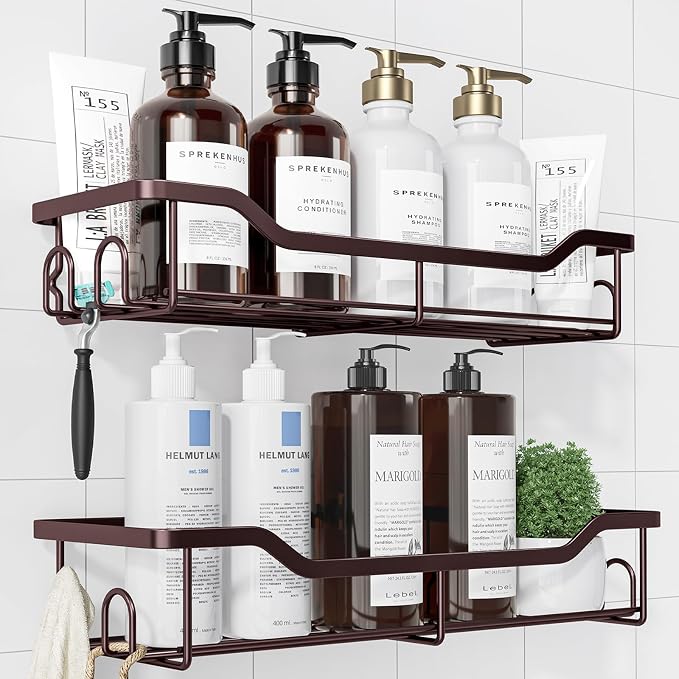 Kitsure Shower Caddy, Adhesive Shower Organizer, Large, Brown | Stainless Steel Shelf for Inside Shower, No Drill Bathroom Organizers and Storage, Home Decor Accessories