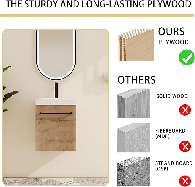 Malwee 18" Floating Bathroom Vanity with Sink, 18 inch Modern Brown Wall Mounted Bathroom Cabinet Combo for Small Space, Narrow Bath Wall-Hung Vanity Set with 1 Ceramic Basin and 1 Door(18imo)