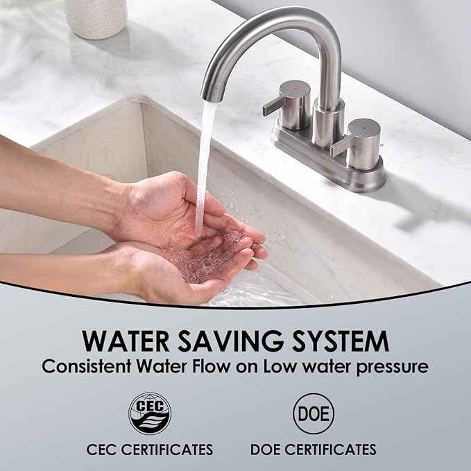Two Handle 4 inch Brushed Nickel Bathroom Faucet, Bathroom Sink Faucet for 3 Holes with Pop-up Drain and 2 Supply Hoses, Lead-Free