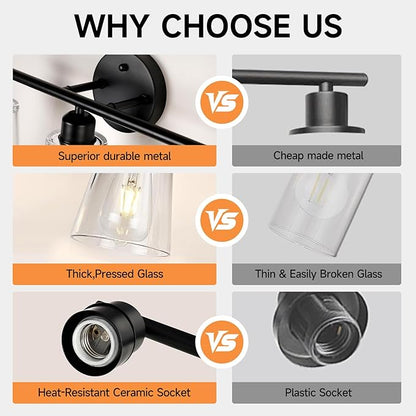TALOYA 27 Inch Brushed Black Bathroom Light Fixtures with Thickend Clear Tapered Glass Shade, 4-Light Modern Vanity Light Over Mirror for Bathrooms, Bedrooms (Bulbs Not Included)