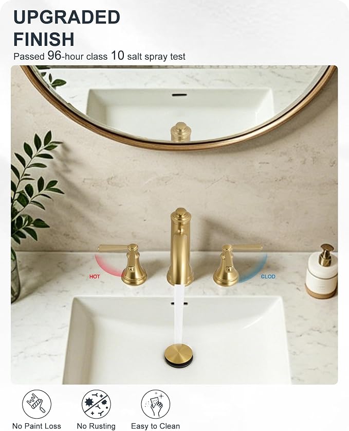 Bathroom Sink Faucet 3 Hole, 8 Inch Gold Bathroom Faucet with Drain | Lead-Free Brass, Widespread 2 Handles, Pre-installed cUPC Supply Hoses, For Rv Lavatory Restroom Vanity, 10 Mins Installation