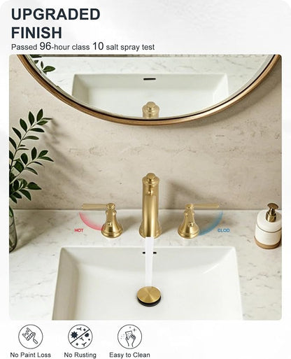 Bathroom Sink Faucet 3 Hole, 8 Inch Gold Bathroom Faucet with Drain | Lead-Free Brass, Widespread 2 Handles, Pre-installed cUPC Supply Hoses, For Rv Lavatory Restroom Vanity, 10 Mins Installation