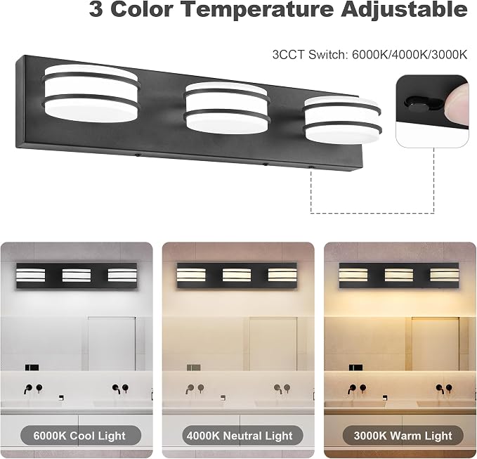 GOODATE 3 Color Temperature Dimmable Bathroom Light Fixtures Over Mirror, LED Black 3 Light Vanity Lighting Fixtures, Acrylic Stainless Steel Oval Shade Vanity Lights for Bathroom, ETL Certificated