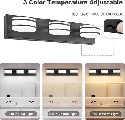 GOODATE 3 Color Temperature Dimmable Bathroom Light Fixtures Over Mirror, LED Black 3 Light Vanity Lighting Fixtures, Acrylic Stainless Steel Oval Shade Vanity Lights for Bathroom, ETL Certificated