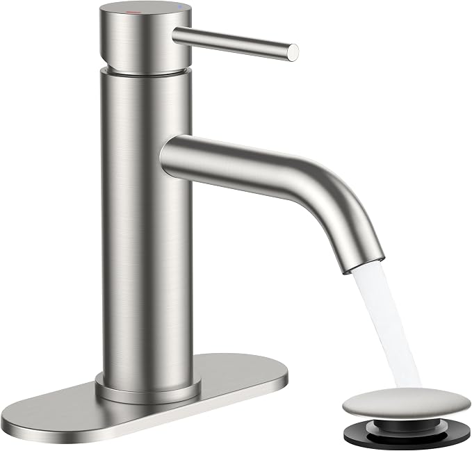 FORIOUS Bathroom Faucet 1 Hole, Single Handle Sink Faucets Brushed Nickel | for 1 or 3 Hole 4 Inch Centerset Sink, with Pop-up Drain, NSF61 Certified, for Vanity Rv Commercial Lavatory Restroom Basin
