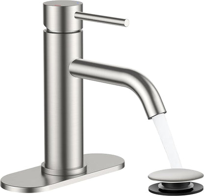 FORIOUS Bathroom Faucet 1 Hole, Single Handle Sink Faucets Brushed Nickel | for 1 or 3 Hole 4 Inch Centerset Sink, with Pop-up Drain, NSF61 Certified, for Vanity Rv Commercial Lavatory Restroom Basin