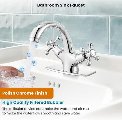 gotonovo Bathroom Sink Faucet Single Hole Double Cross Handle Knobs Lavatory Vessel Sink Mixer Tap Bathroom Faucet with Pop up Drain and Deck Cover Plate Polish Chrome
