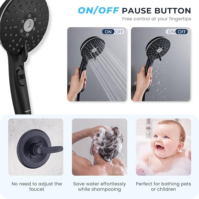 Dual Shower Head Combo, 8'' High Pressure Rain Shower Head with Handheld Spray, 6+1 Spray Settings Handheld Showerhead, Height Adjustable, One-touch Pause Button, Matte Black