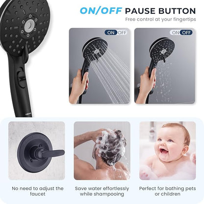 Dual Shower Head Combo, 8'' High Pressure Rain Shower Head with Handheld Spray, 6+1 Spray Settings Handheld Showerhead, Height Adjustable, One-touch Pause Button, Matte Black
