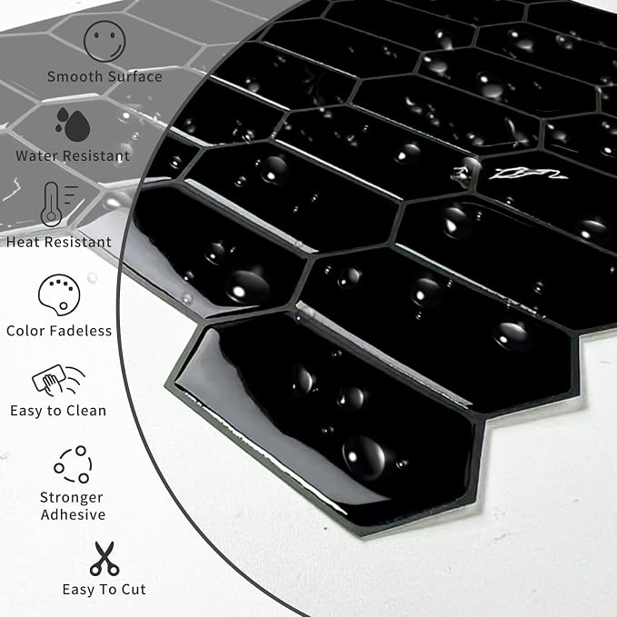 10-Sheet Long Hexagon Peel and Stick Kitchen Backsplash Tiles | 3D Waterproof Self-Adhesive Wall Tile Stick on Backsplash for Kitchen, Bathroom, Fireplace,RV(Black,12"×12")