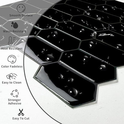 10-Sheet Long Hexagon Peel and Stick Kitchen Backsplash Tiles | 3D Waterproof Self-Adhesive Wall Tile Stick on Backsplash for Kitchen, Bathroom, Fireplace,RV(Black,12"×12")