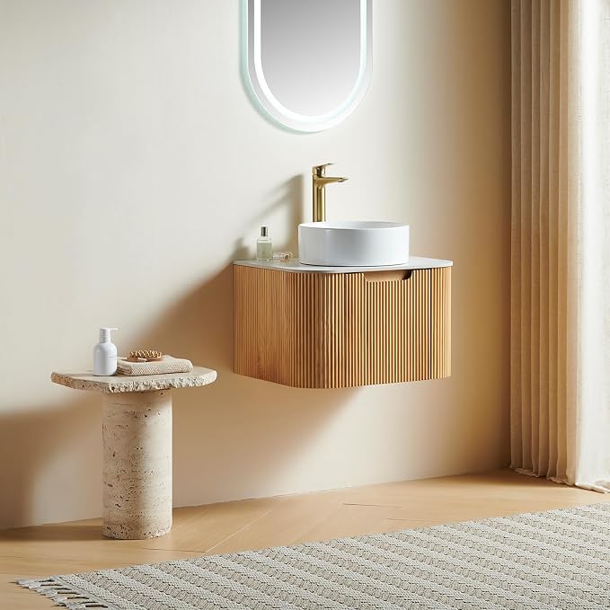 24-Inch Modern Bathroom Vanity with Sink, Plywood, Nature Wood | Floating Cabinet with Ultra-Thin Ceramic Basin and Marble Top, Extra Large Storage Drawer, Soft-Close Design, Pre-Assembled