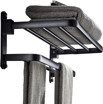 BOZWELL Bathroom Lavatory Towel Rack with Two Towel Bars,16-Inch（40cm） Towel Holder with Shelf BZ305-A (Matte Black)